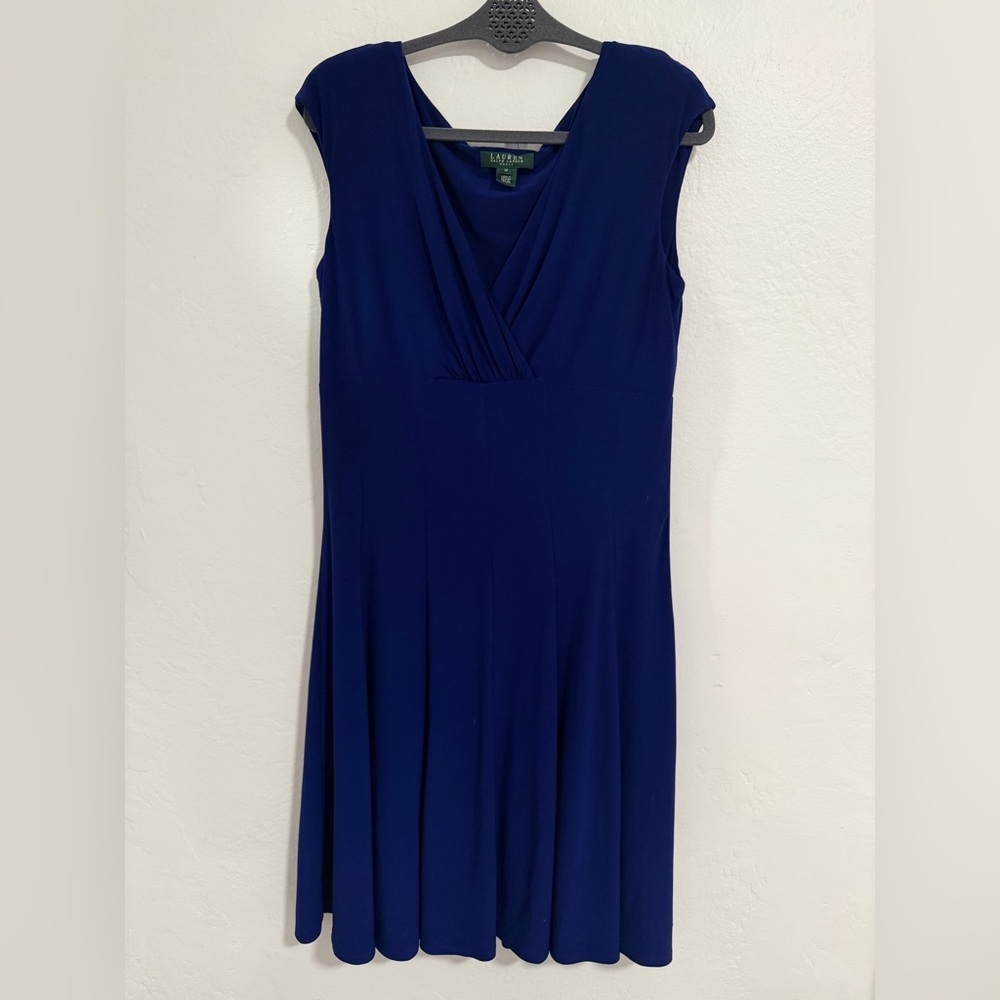Lauren Ralph Lauren Blue Faux Wrap Fit & Flare Dress Size 10 Stretch Jersey